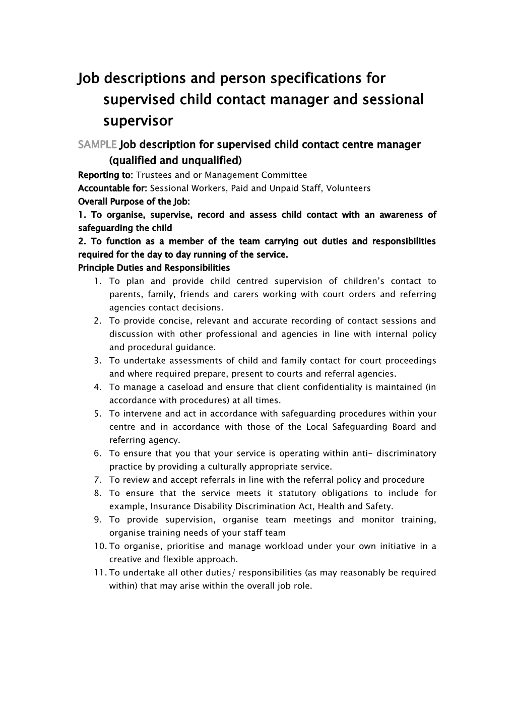 Job Descriptions and Person Specifications for Supervised Child Contact Manager and Sessional