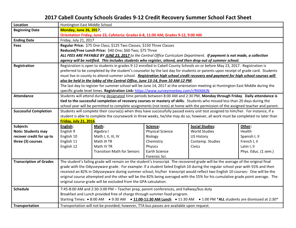 2017Cabell County Schools Grades 9-12 Credit Recovery Summer School Fact Sheet