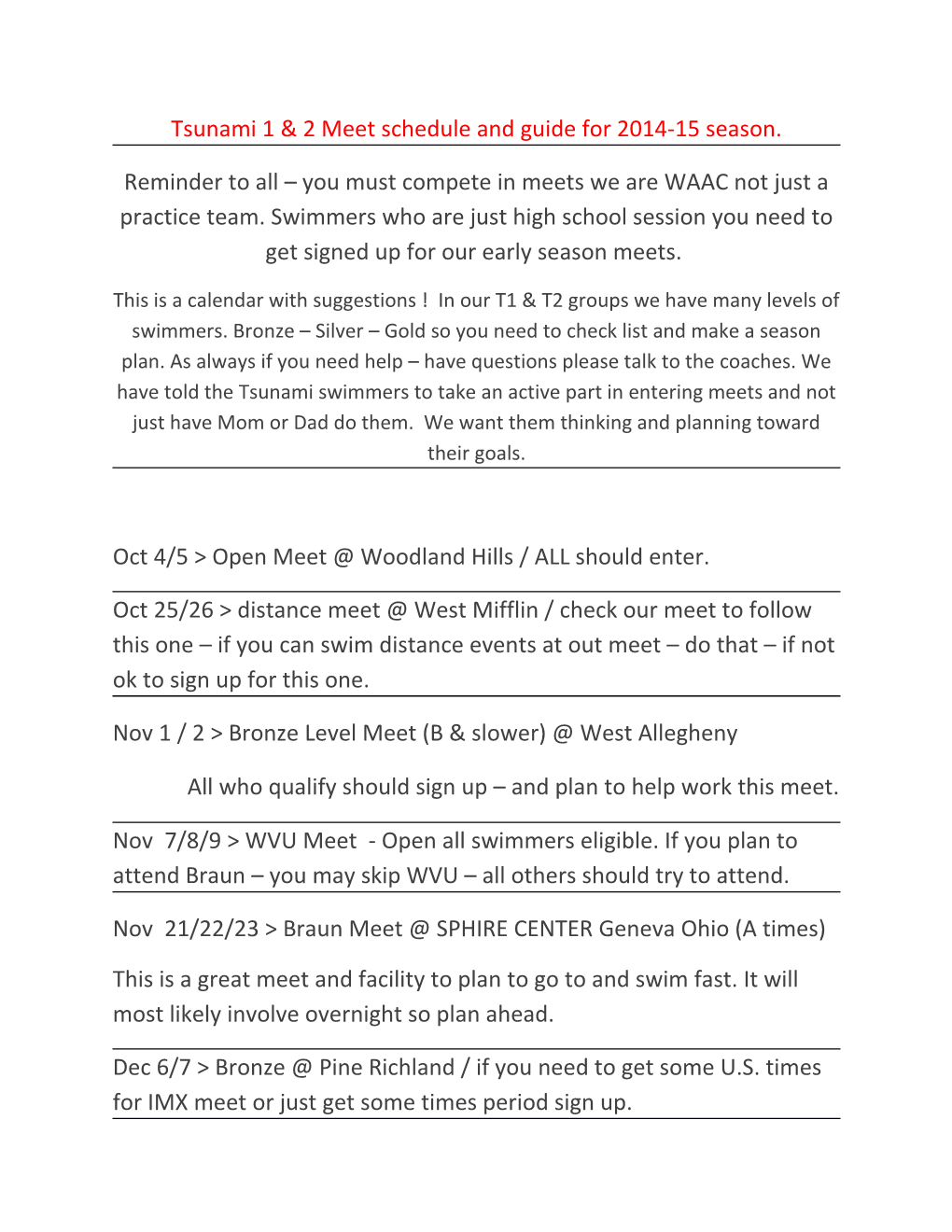 Tsunami 1 & 2 Meet Schedule and Guide for 2014-15 Season