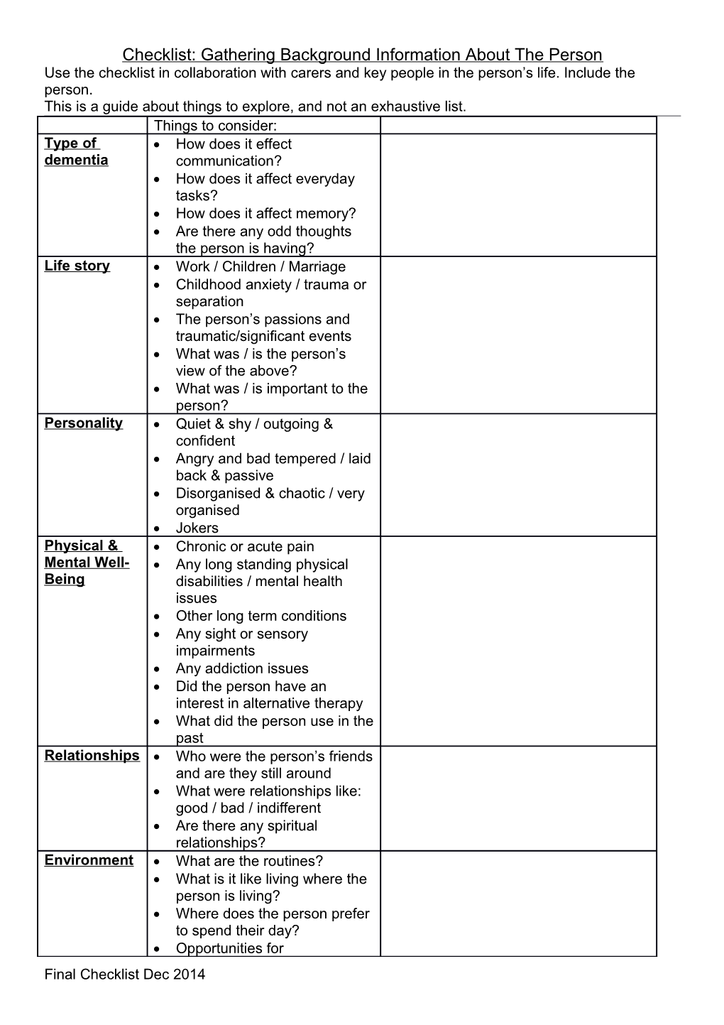 Checklist: Gathering Background Information About the Person