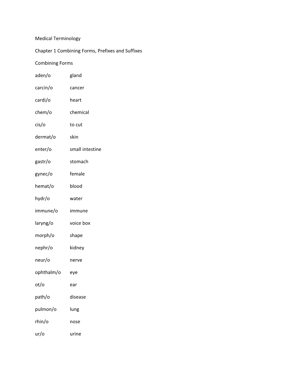 Chapter 1 Combining Forms, Prefixes and Suffixes