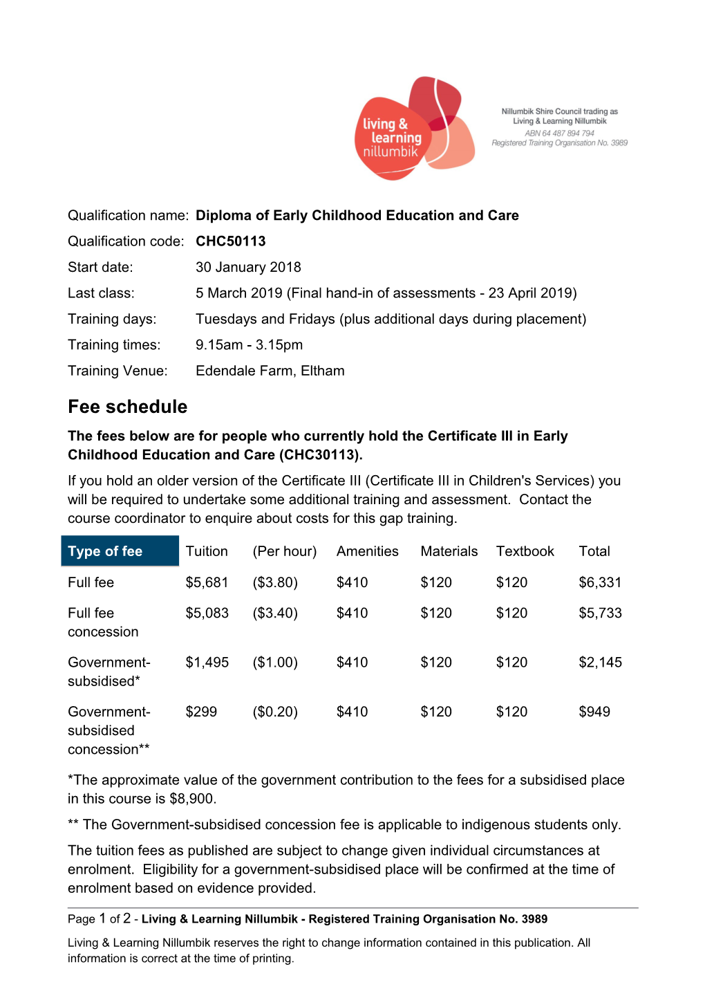 Fee Schedule Diploma Early Childhood 2018-19 V1 Accessible
