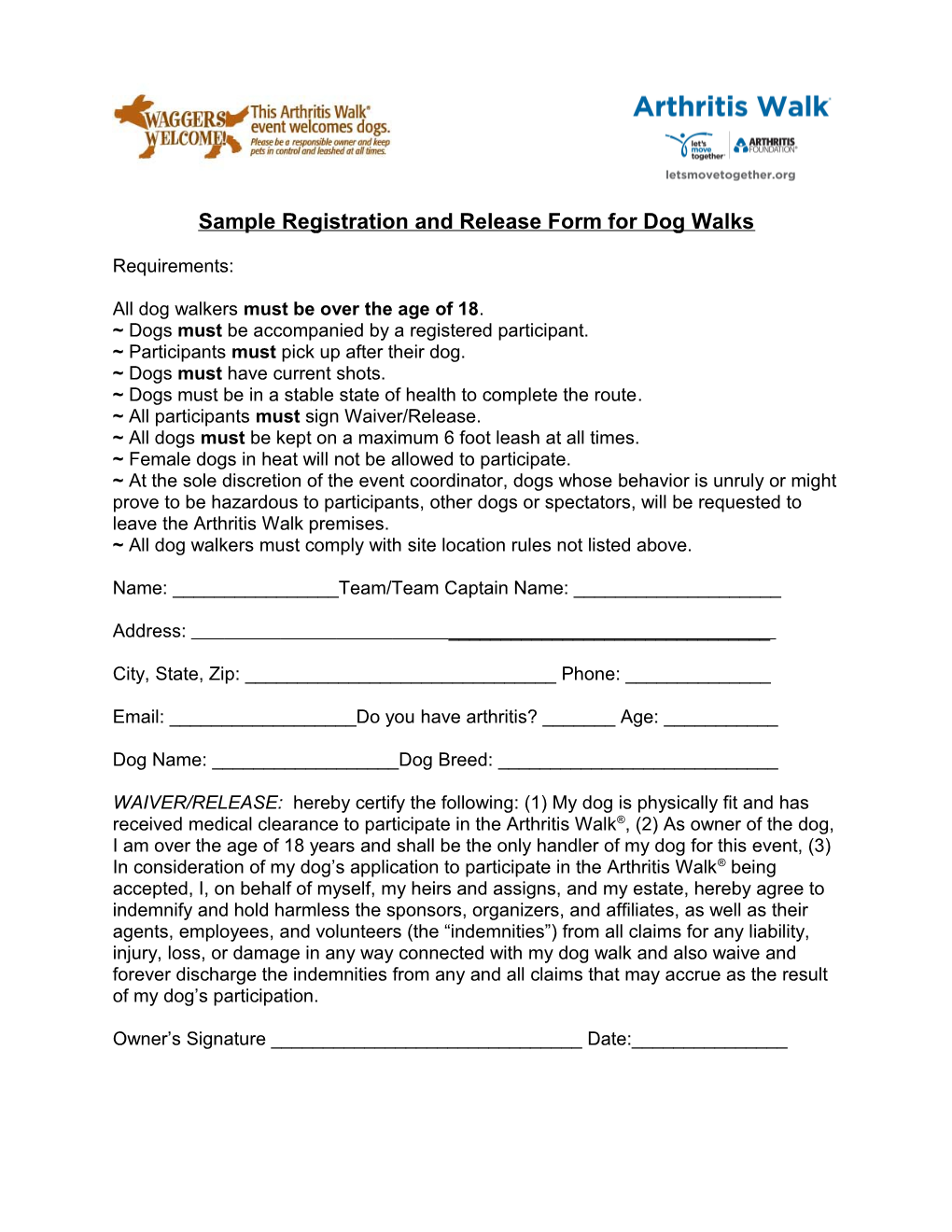 Sample Registration and Release Form for Dog Walks