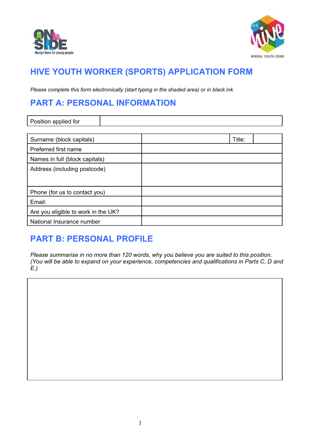 Hive Youth Worker (Sports) Application Form