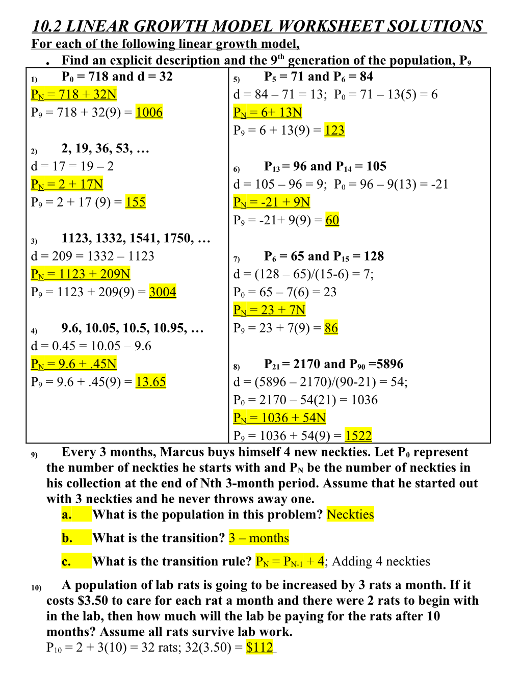 Linear Growth Model Worksheet