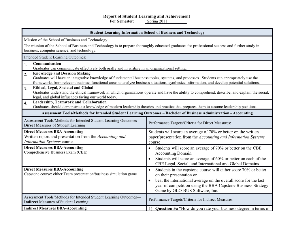 Report of Student Learning and Achievement