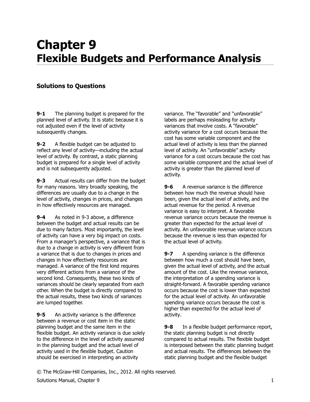 Flexible Budgets and Performance Analysis