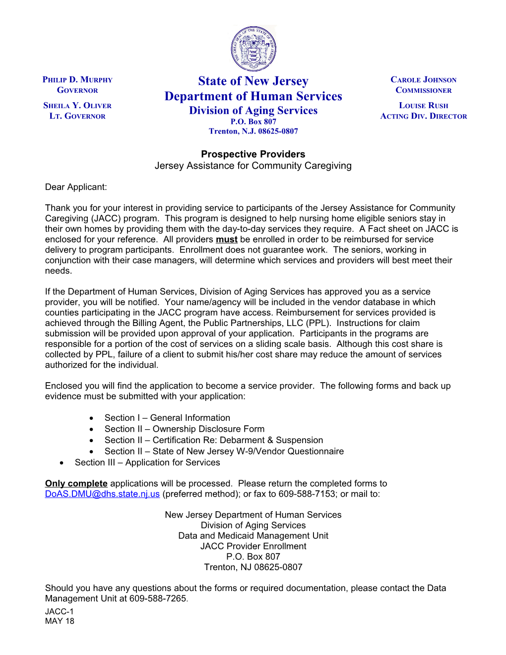 DHSS Letterhead, PO 807, Aging and Community Services