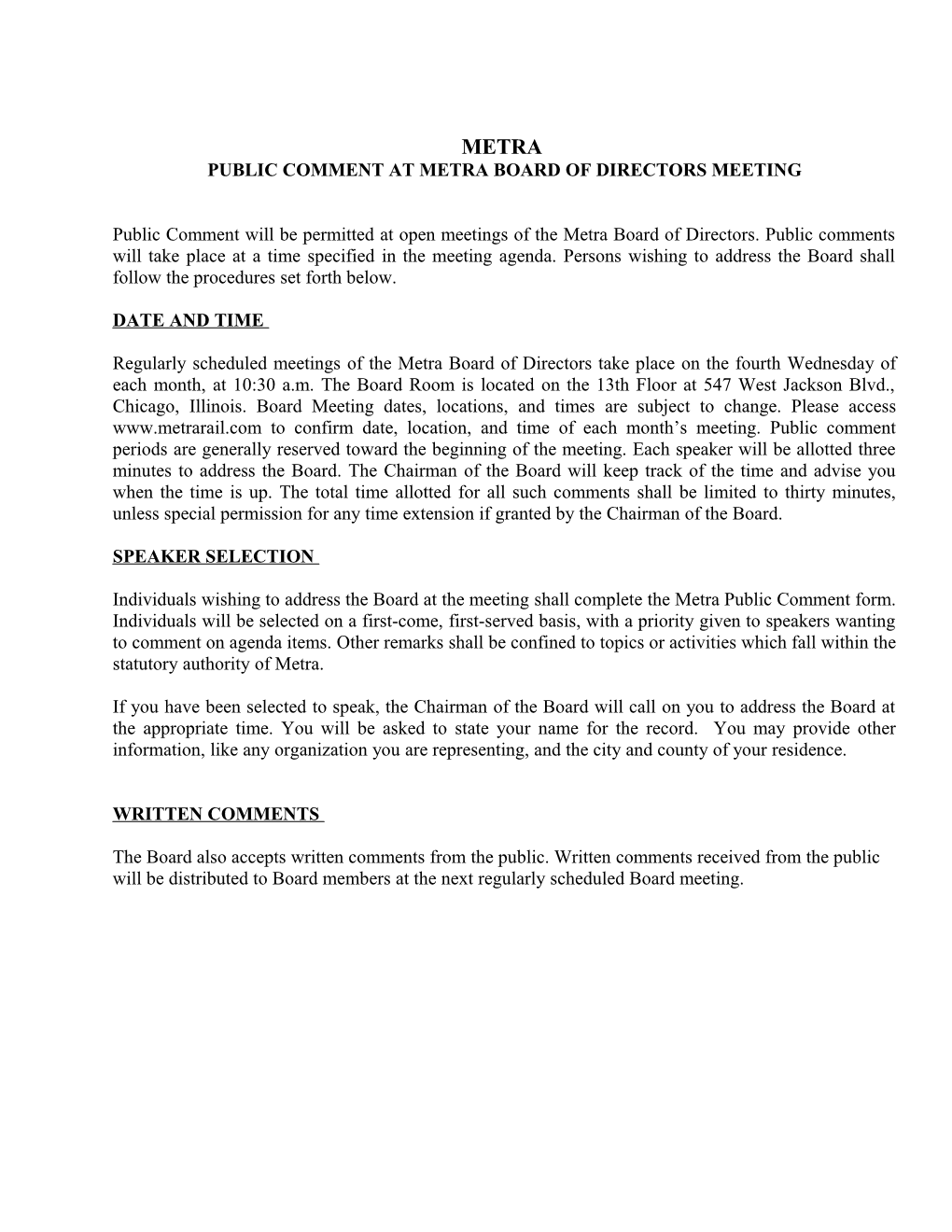 Public Comment at Metra Board of Directors Meeting