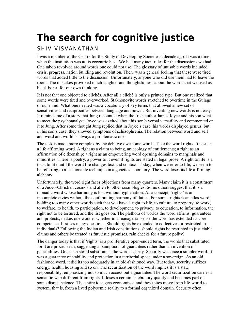 The Search for Cognitive Justice