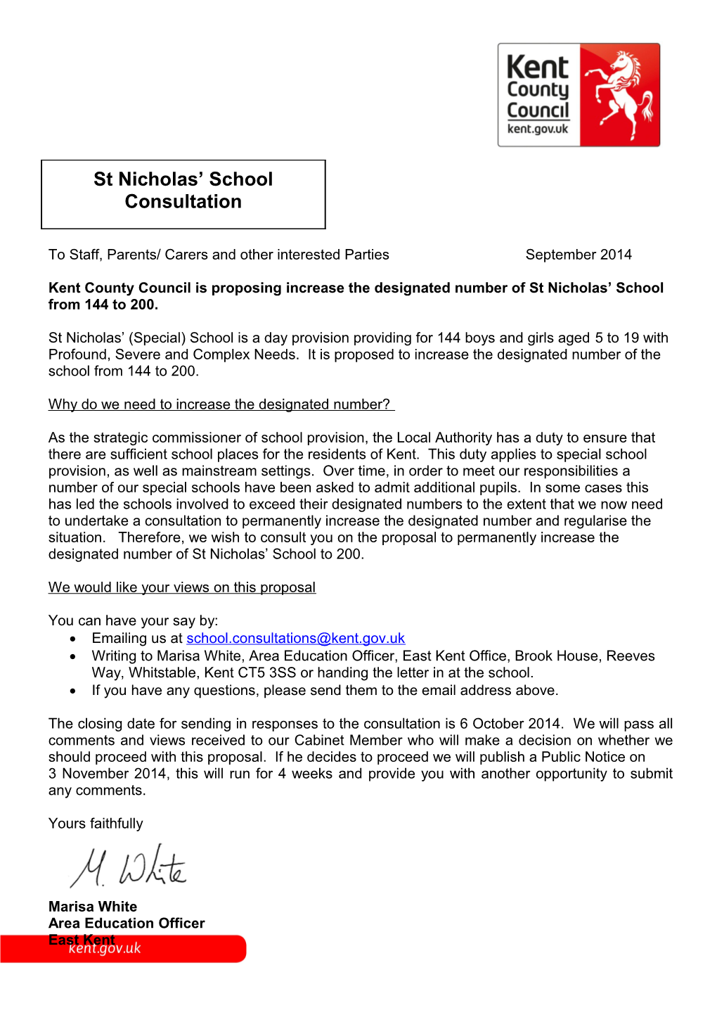 Kent County Council Is Proposing Increase the Designated Number of St Nicholas School