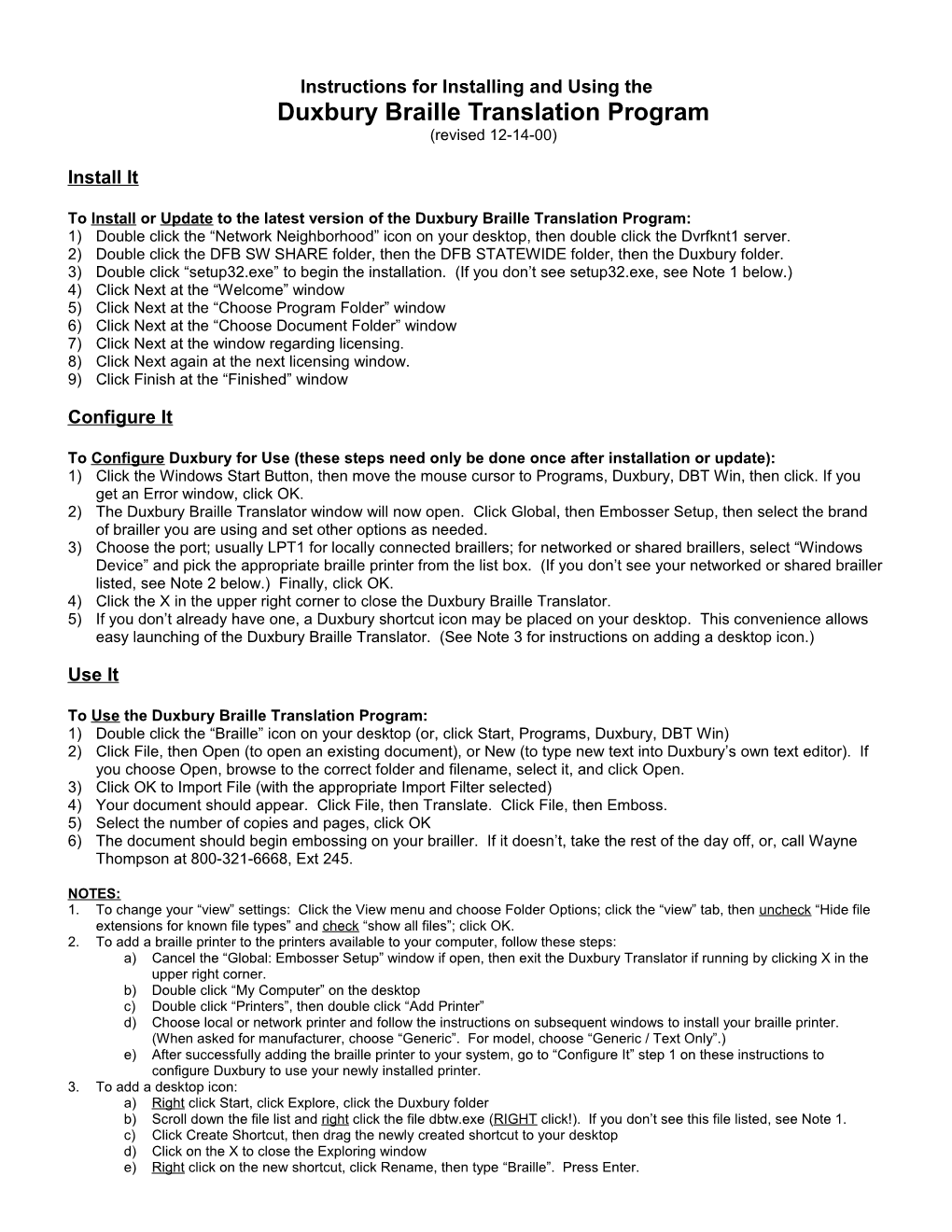 Instructions for Installing (Or Updating) and Using the Duxbury Braille Translation Program