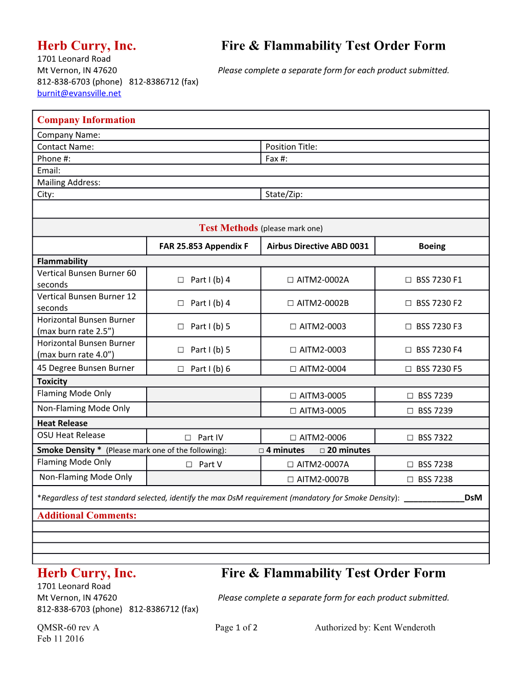 Herb Curry, Inc.Fire & Flammability Test Order Form