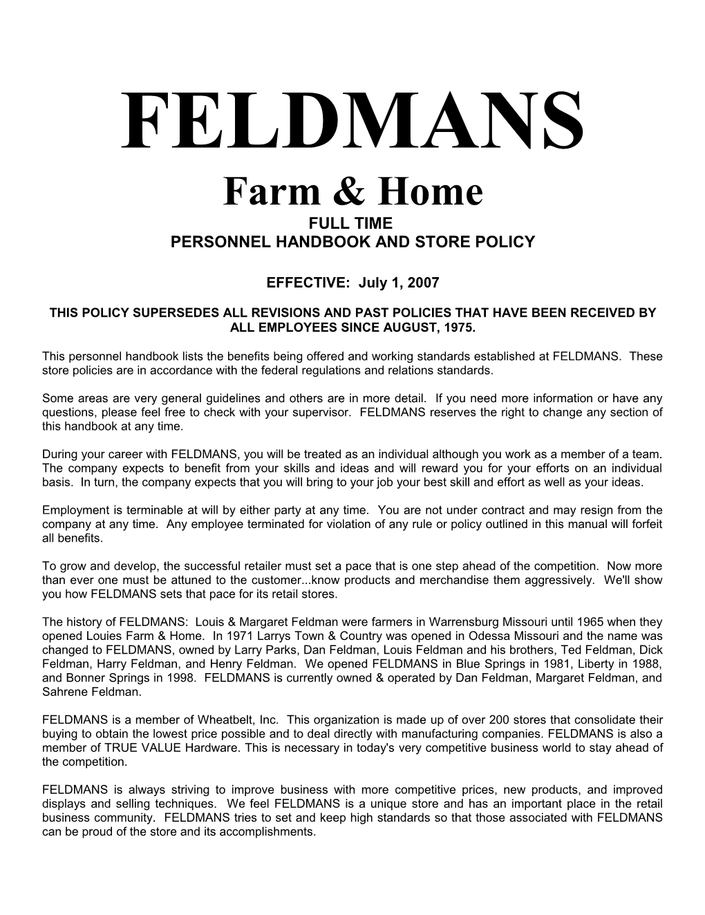 Personnel Handbook and Store Policy