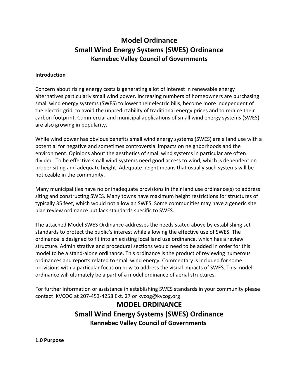 Small Wind Energy Systems (SWES) Ordinance