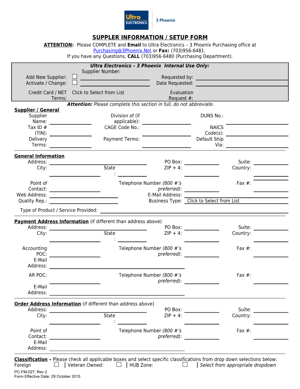 PC-FM-027 Supplier Information-Setup Form
