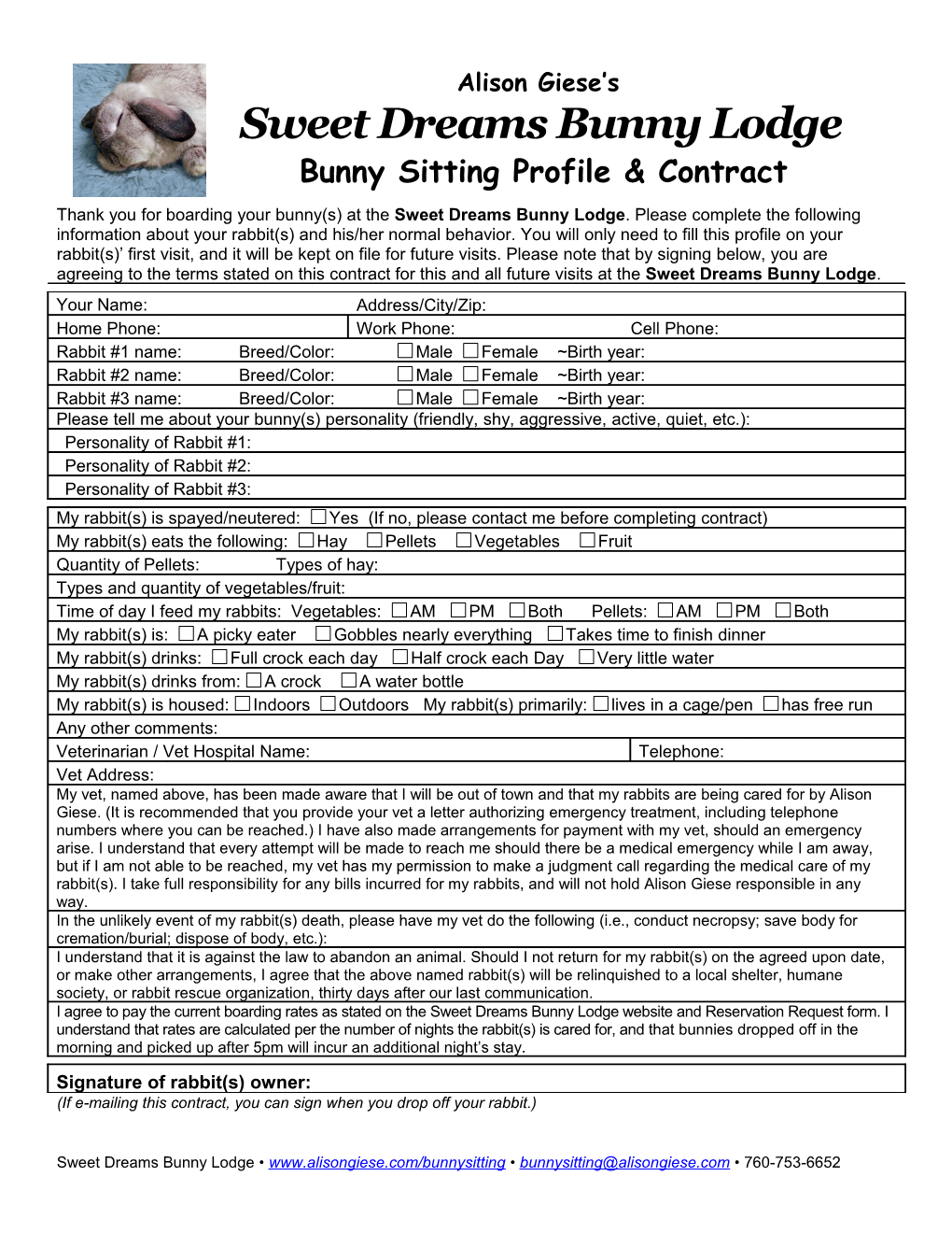 Bunny Sitting Contract