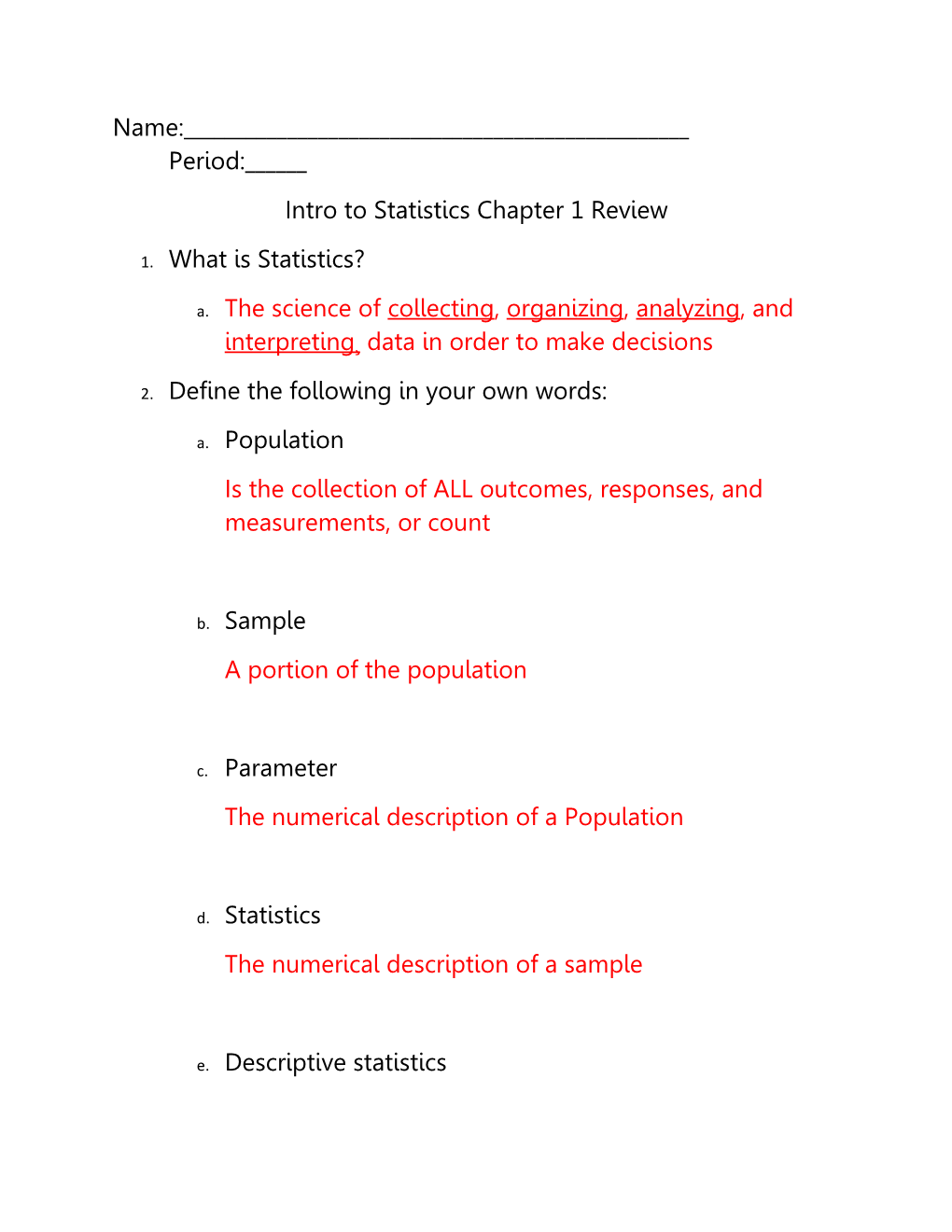 Intro to Statistics Chapter 1 Review