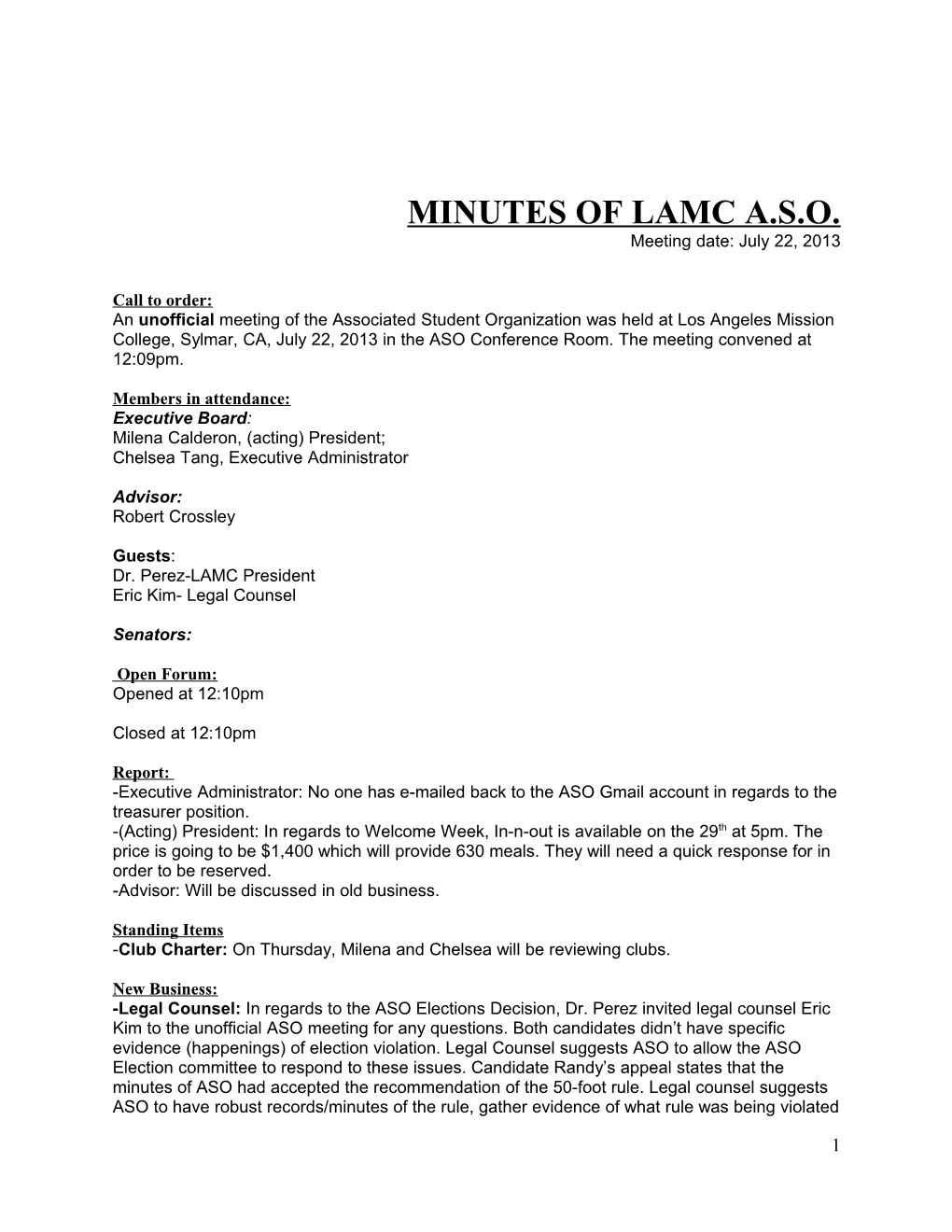 MINUTES of LAMC A.S.O. Meeting Date: July 22, 2013
