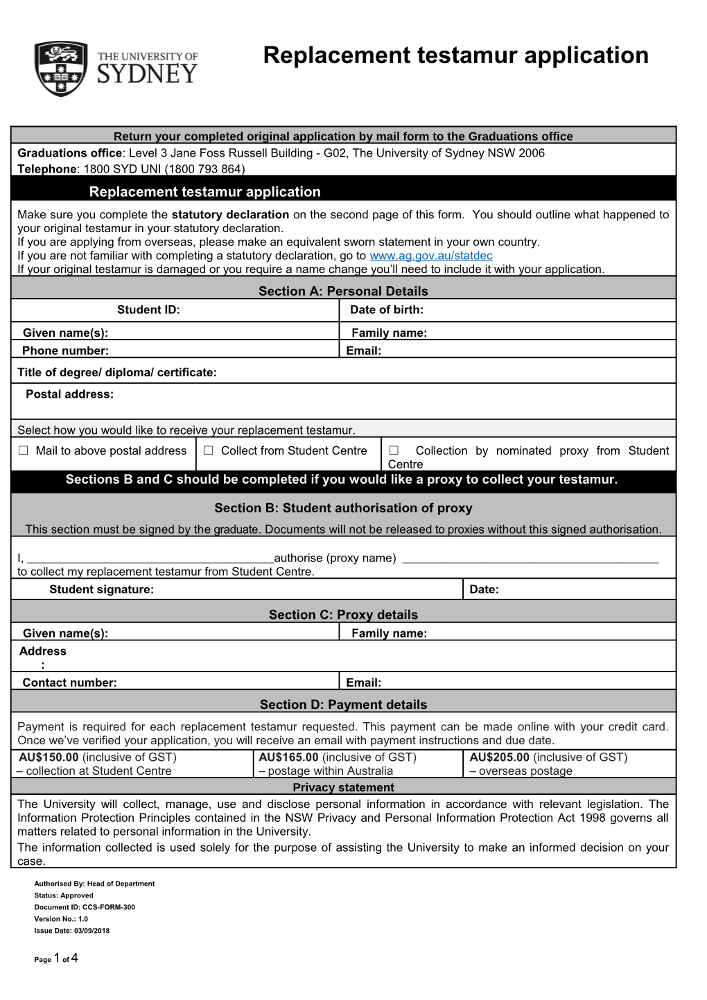 Replacement Testamur Application Form