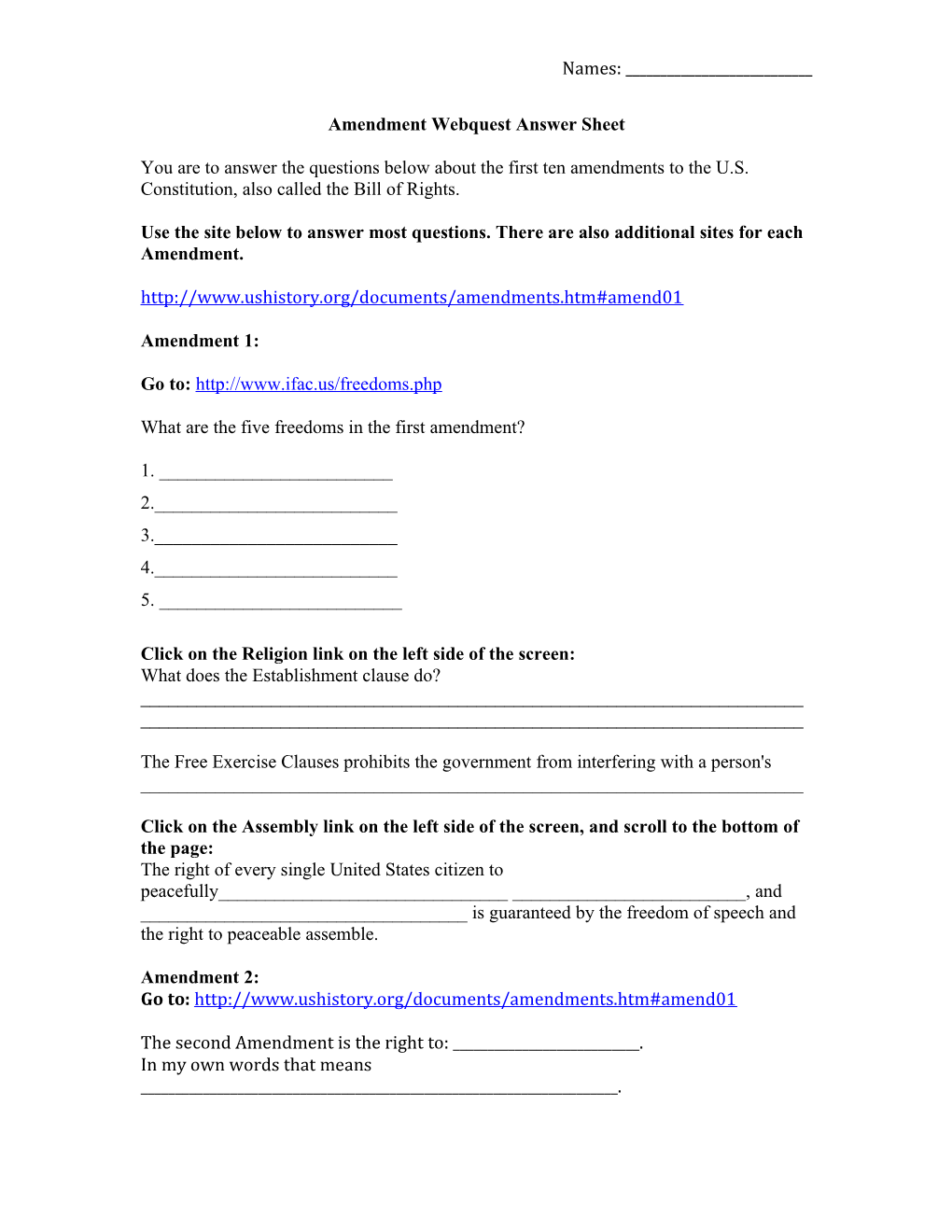 Amendment Webquest Answer Sheet