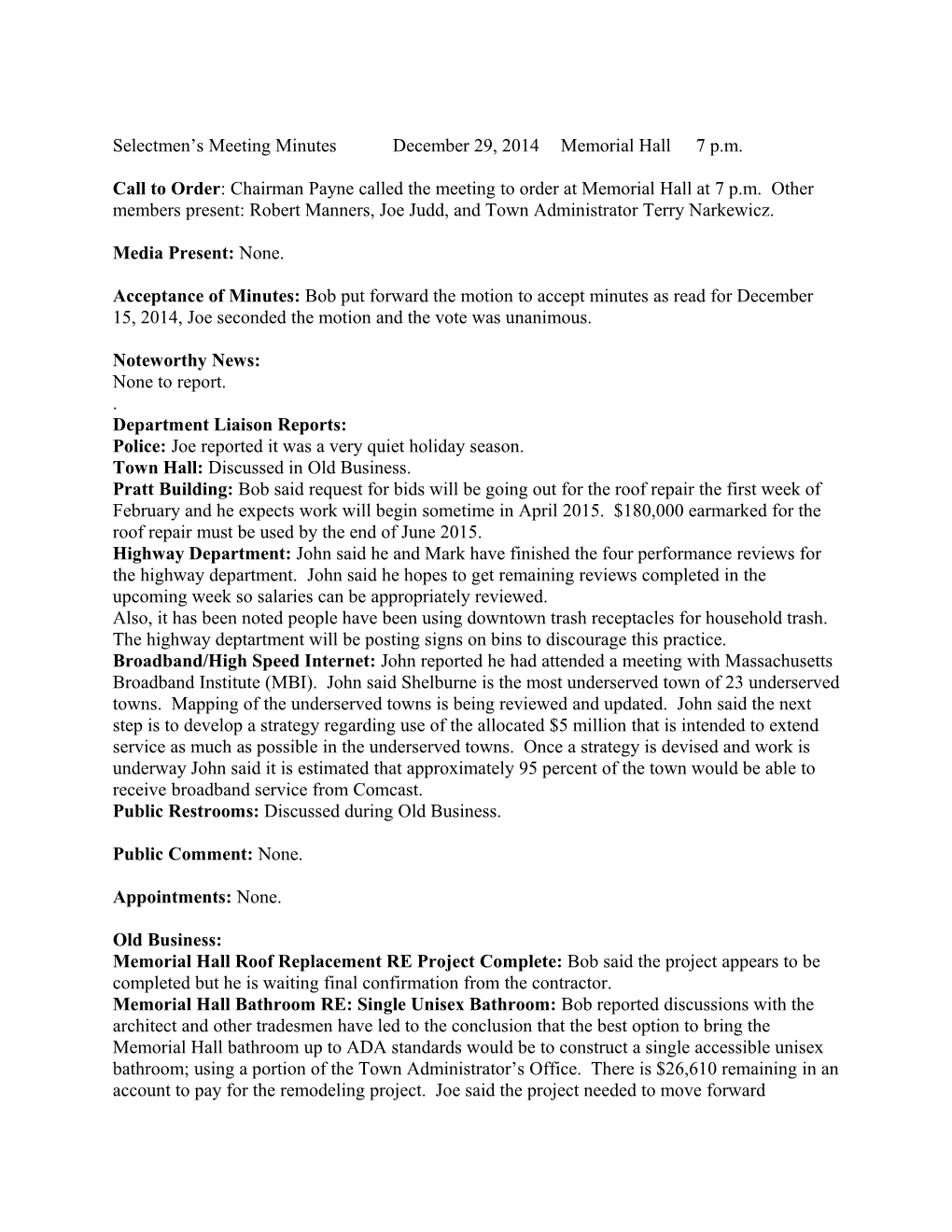 Selectmen S Meeting Minutes December 29, 2014 Memorial Hall 7 P.M