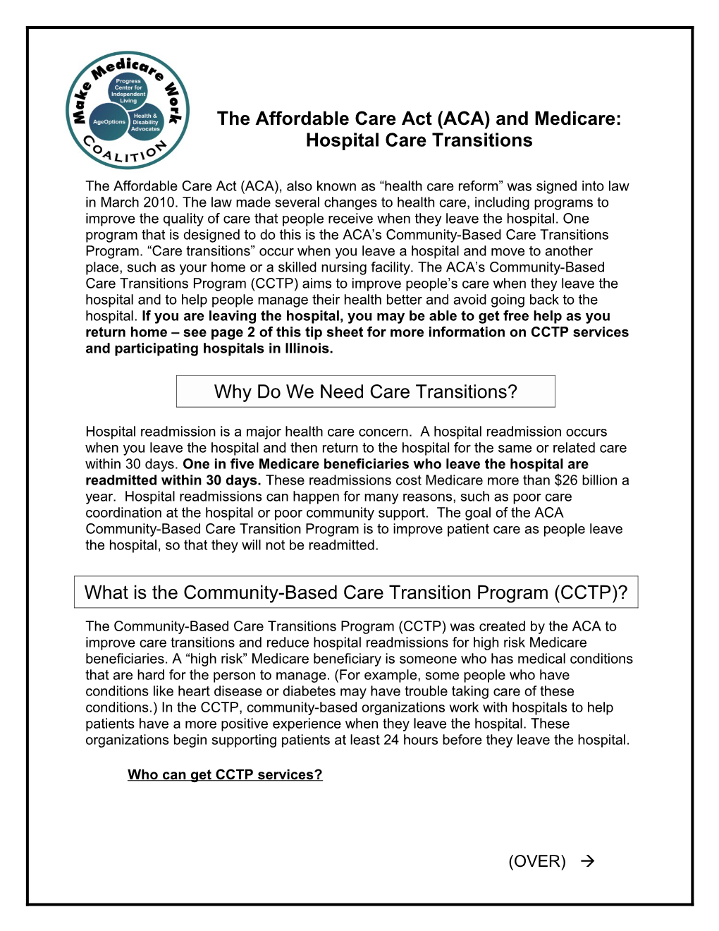 The Affordable Care Act (ACA) and Medicare: Hospital Care Transitions