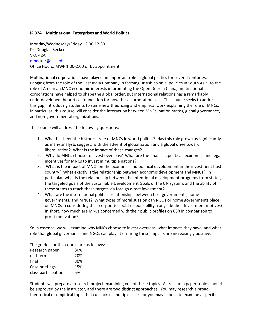 IR 324 Multinational Enterprises and World Politics