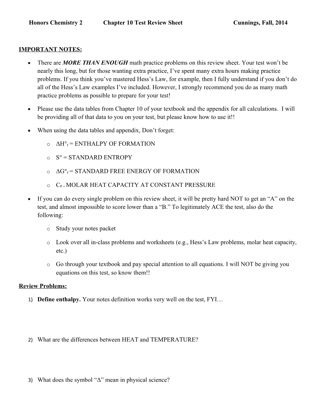 Honors Chemistry 2 Chapter 10 Test Review Sheet Cunnings, Fall, 2014