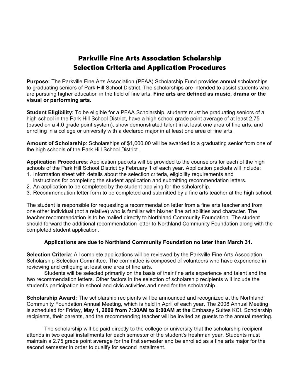 Parkville Fine Arts Association Scholarship