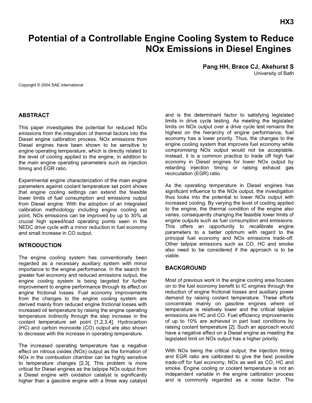 Potential of a Controllable Engine Cooling System to Reduce Nox Emissions in Diesel Engines