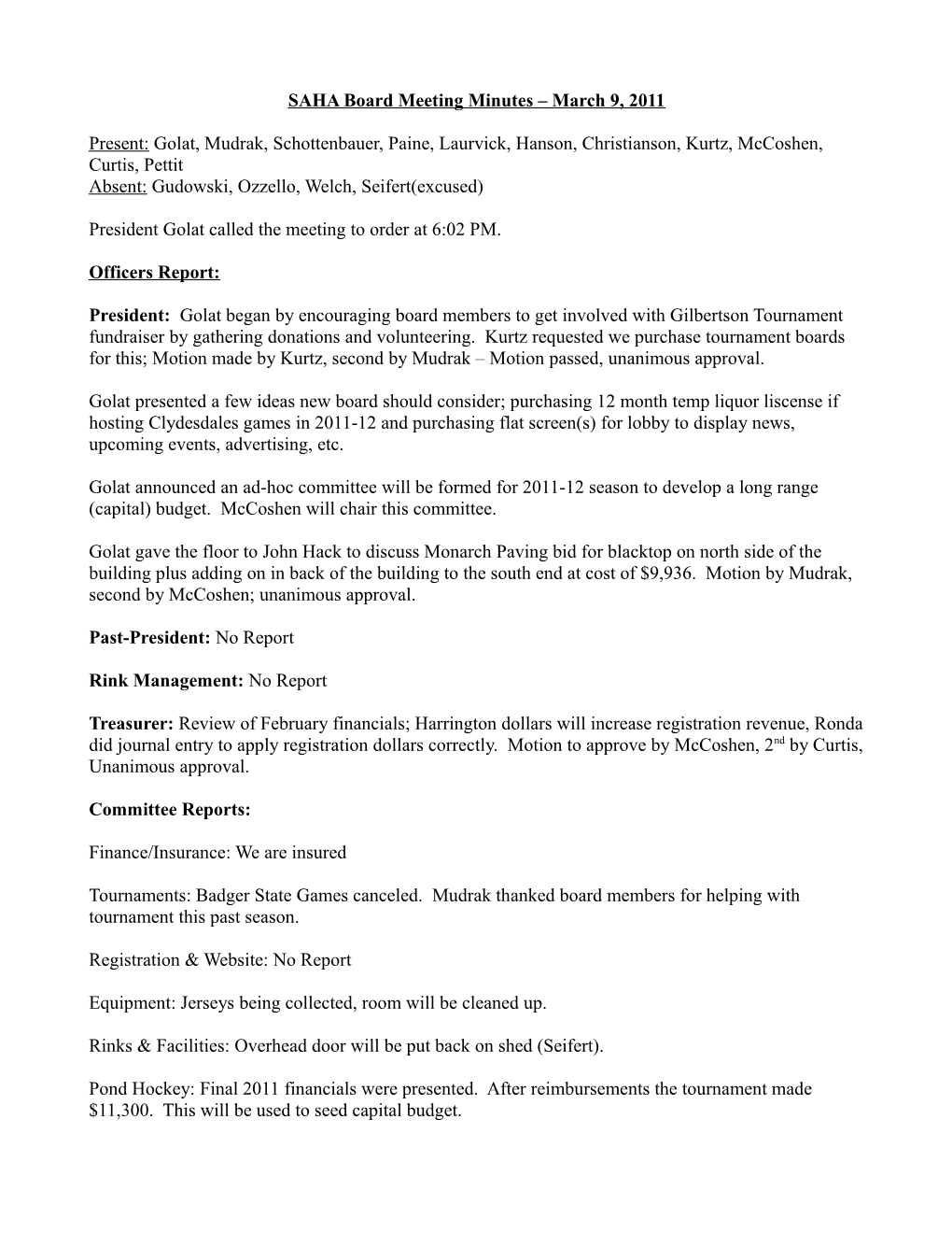 SAHA Board Meeting Minutes March 9, 2011