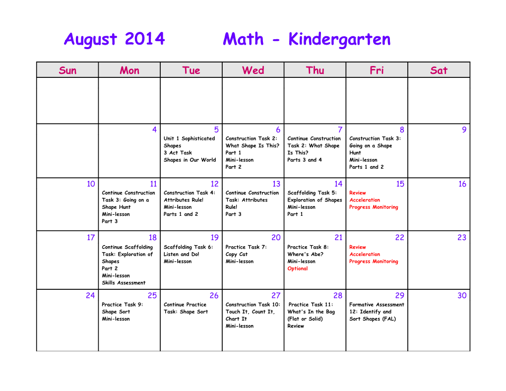 August 2014 Math - Kindergarten