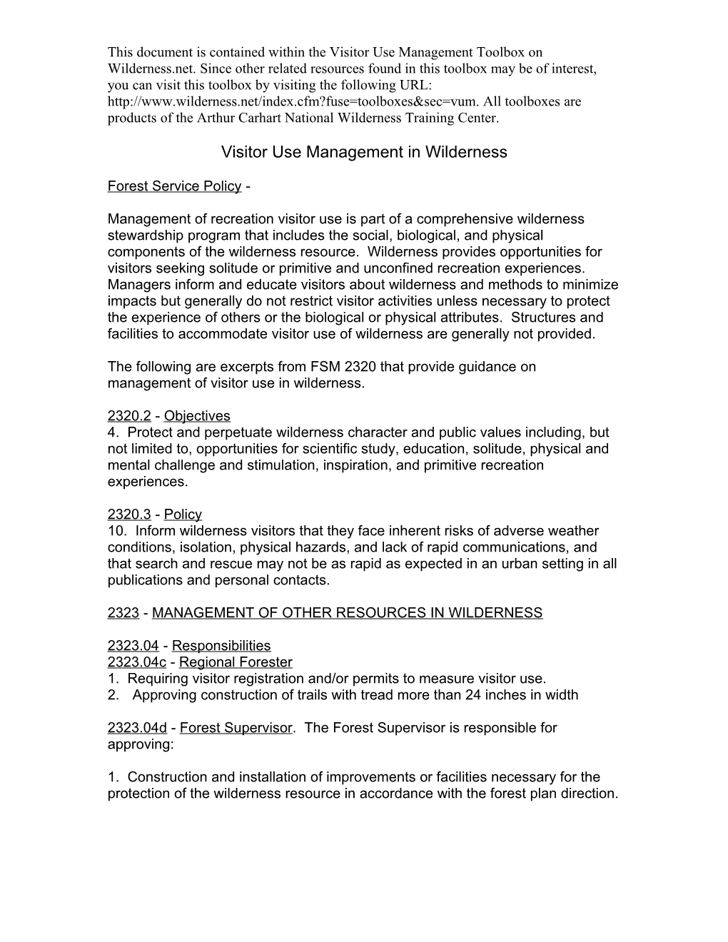 Capacity Determination for Visitor Use in Wilderness