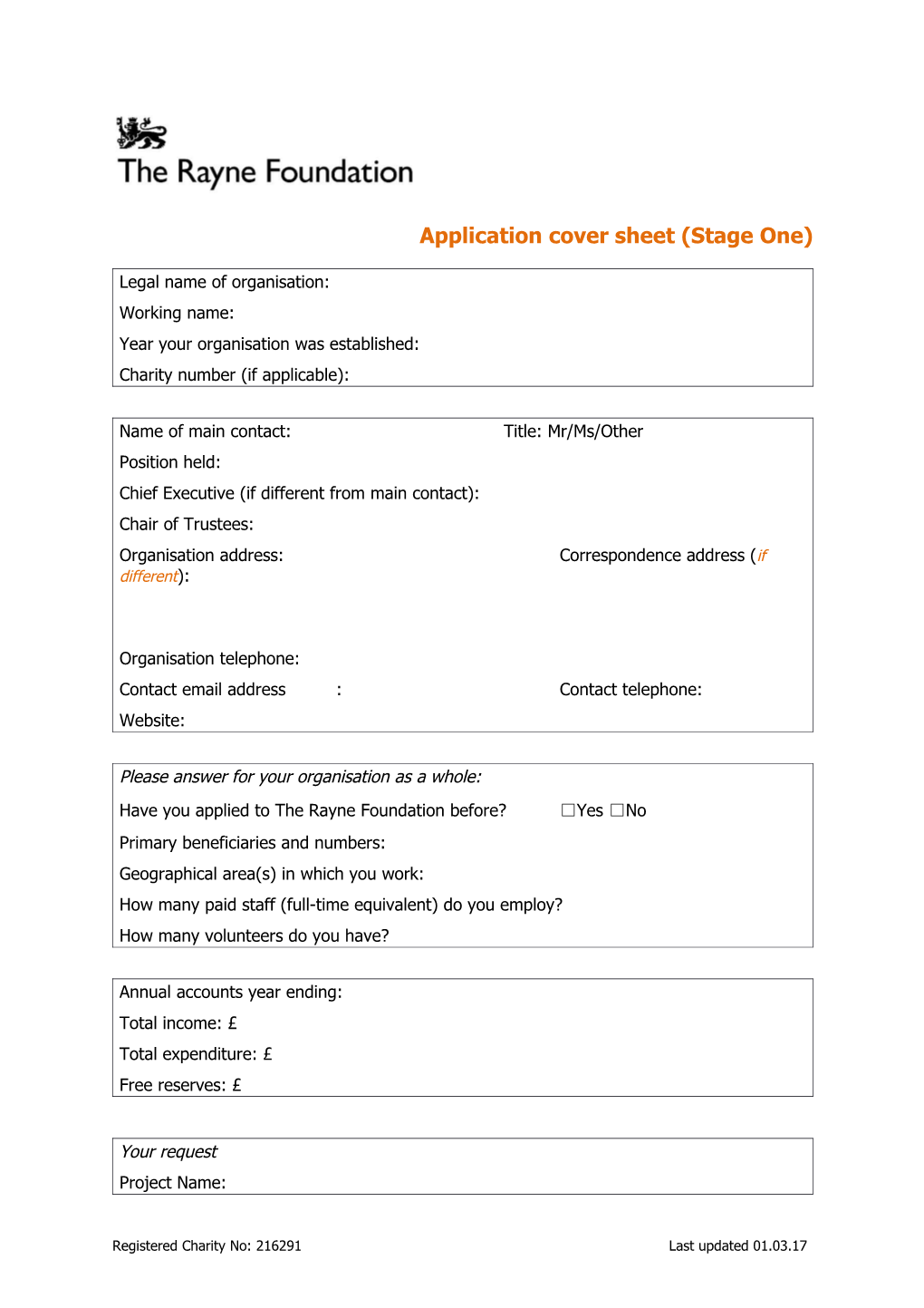 Application Cover Sheet (Stage One)