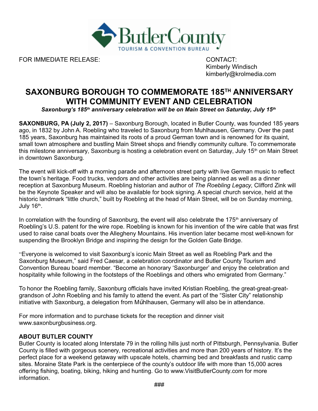 Saxonburg Borough to Commemorate 185Th Anniversary with Community Event and Celebration
