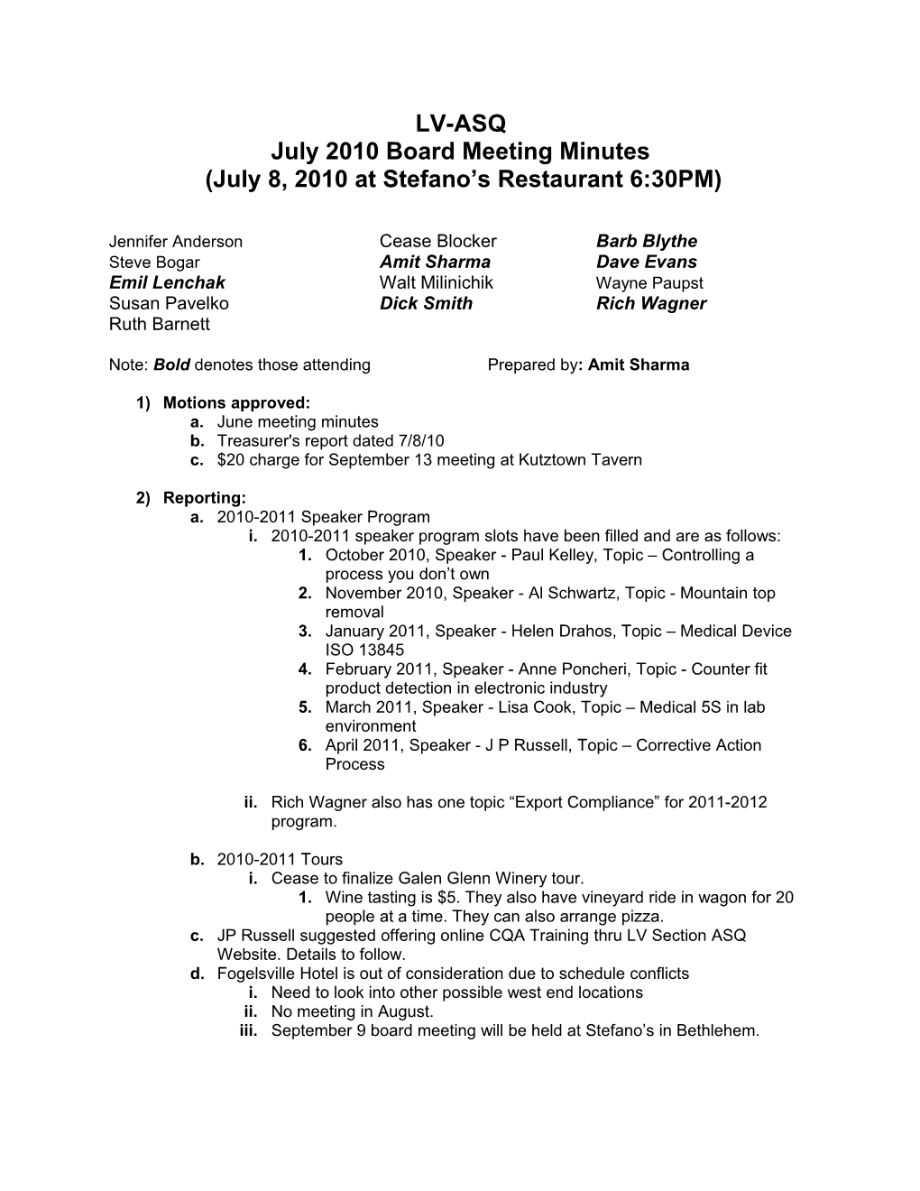 July 2010 Board Meeting Minutes