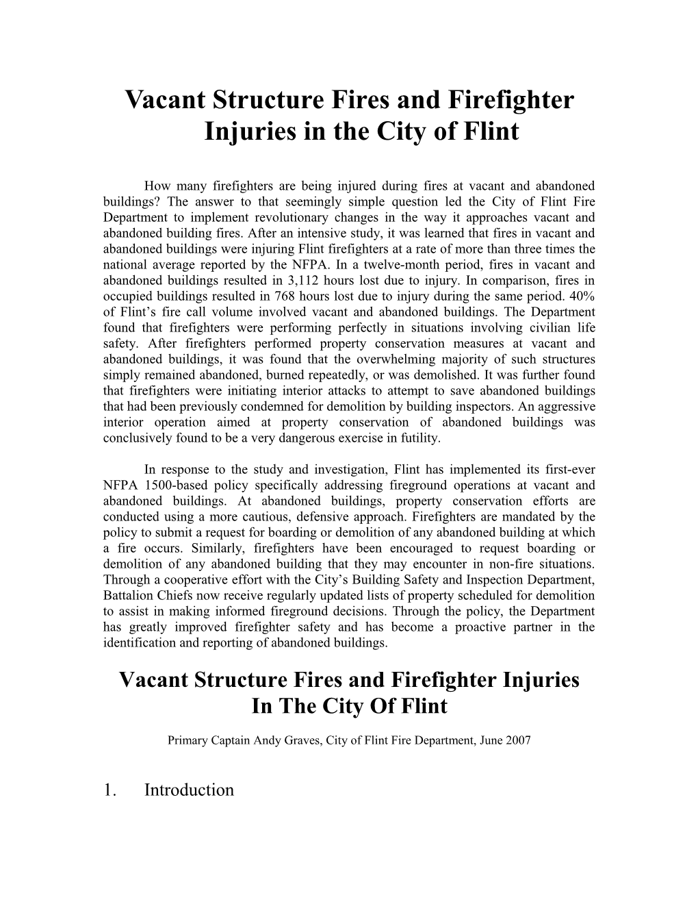 Vacant Structure Fires and Firefighter Injuries in the City of Flint