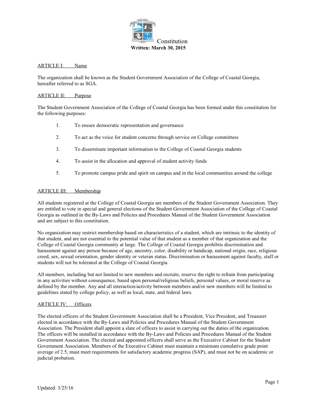 Constitution of the Faculty Senate of Coker College