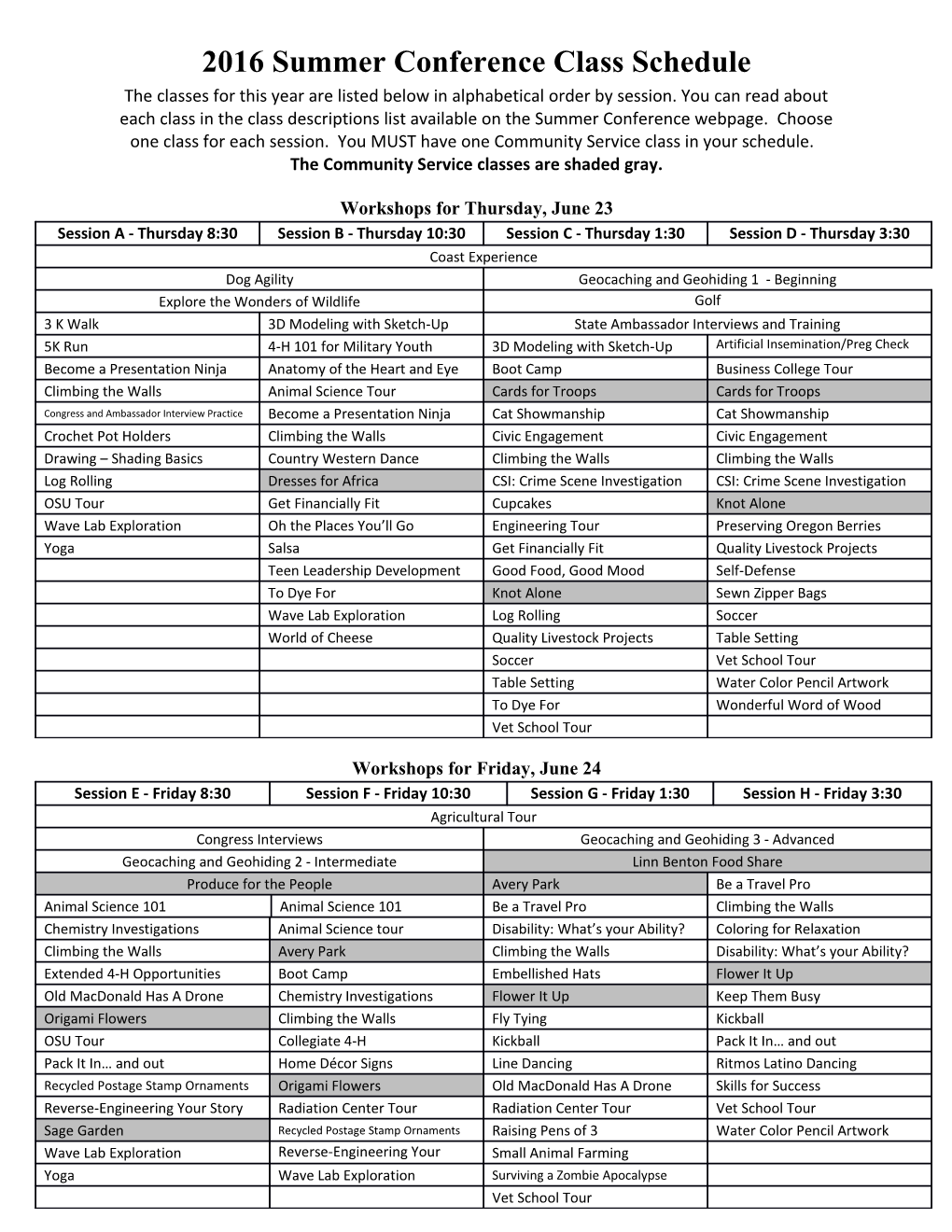 2016 Summer Conference Class Schedule