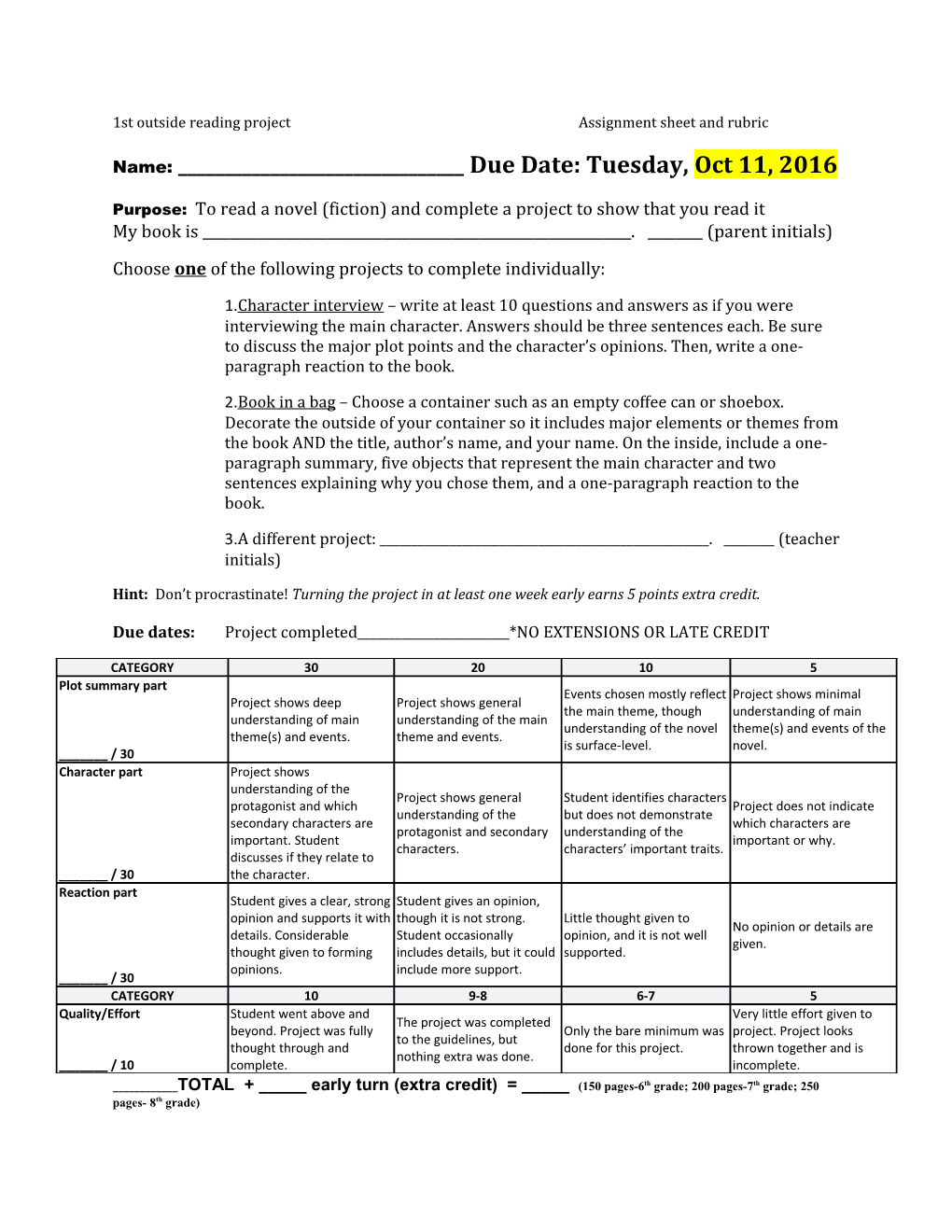 1St Outside Reading Project Assignment Sheet and Rubric