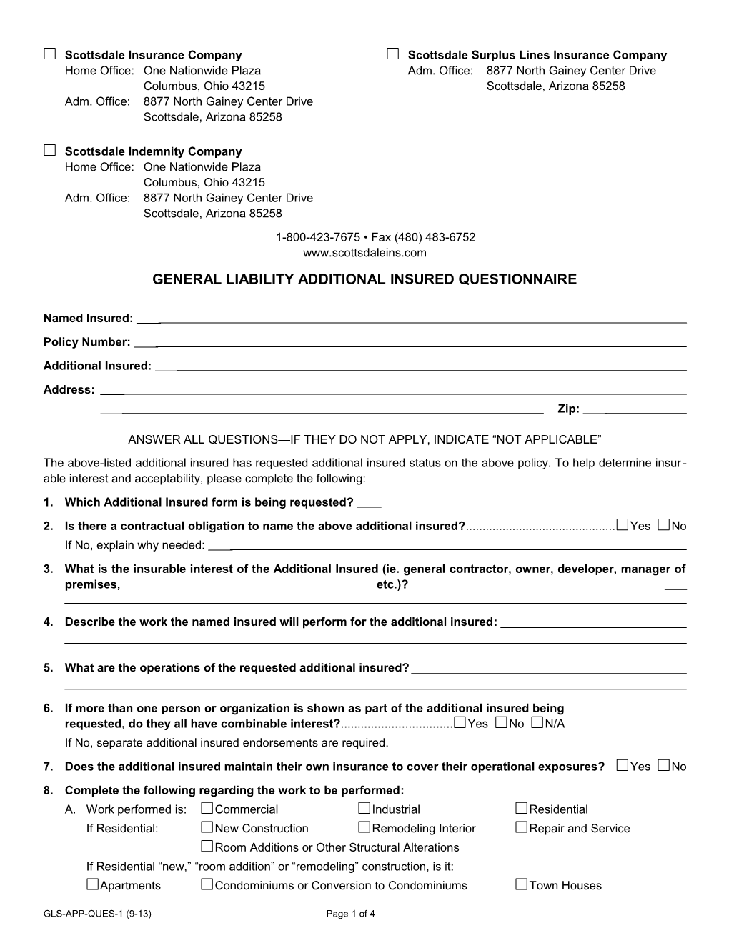 General Liability Additional Insured Questionnaire