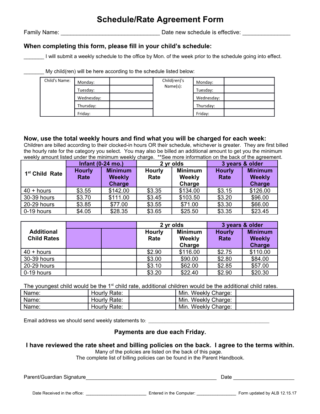 Schedule/Rate Agreement Form