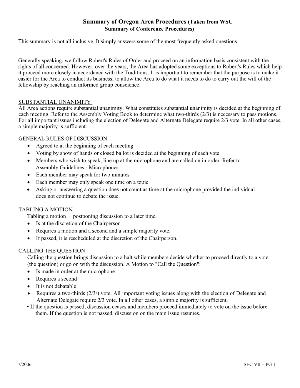 Summary of Oregon Area Procedures (Taken from WSC Summary of Conference Procedures)