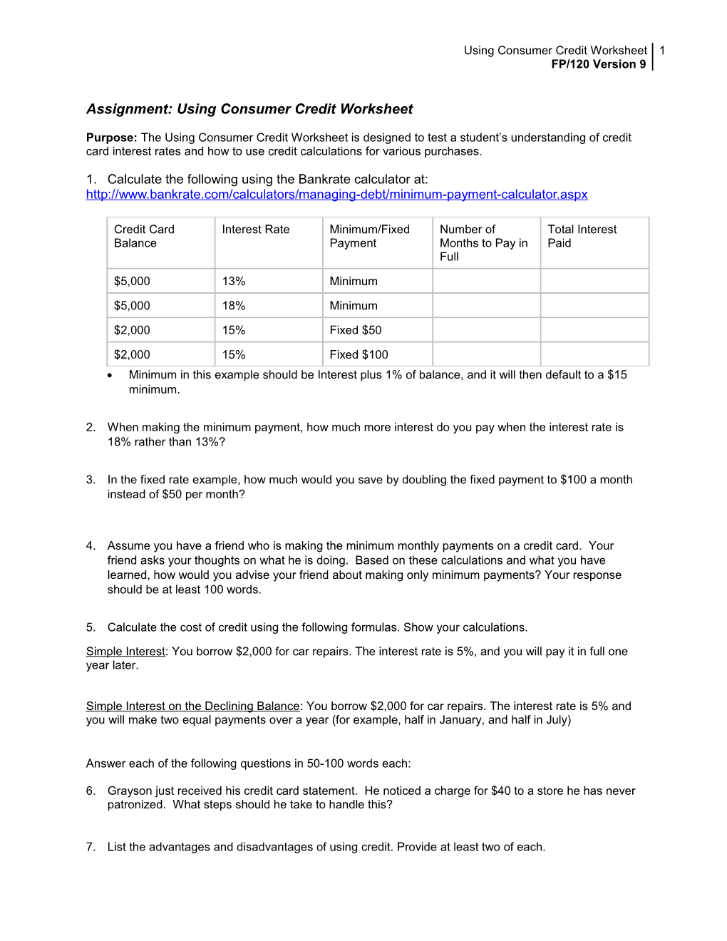 Assignment: Using Consumer Credit Worksheet