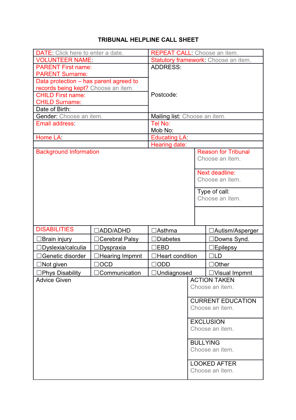 Tribunal Helpline Call Sheet