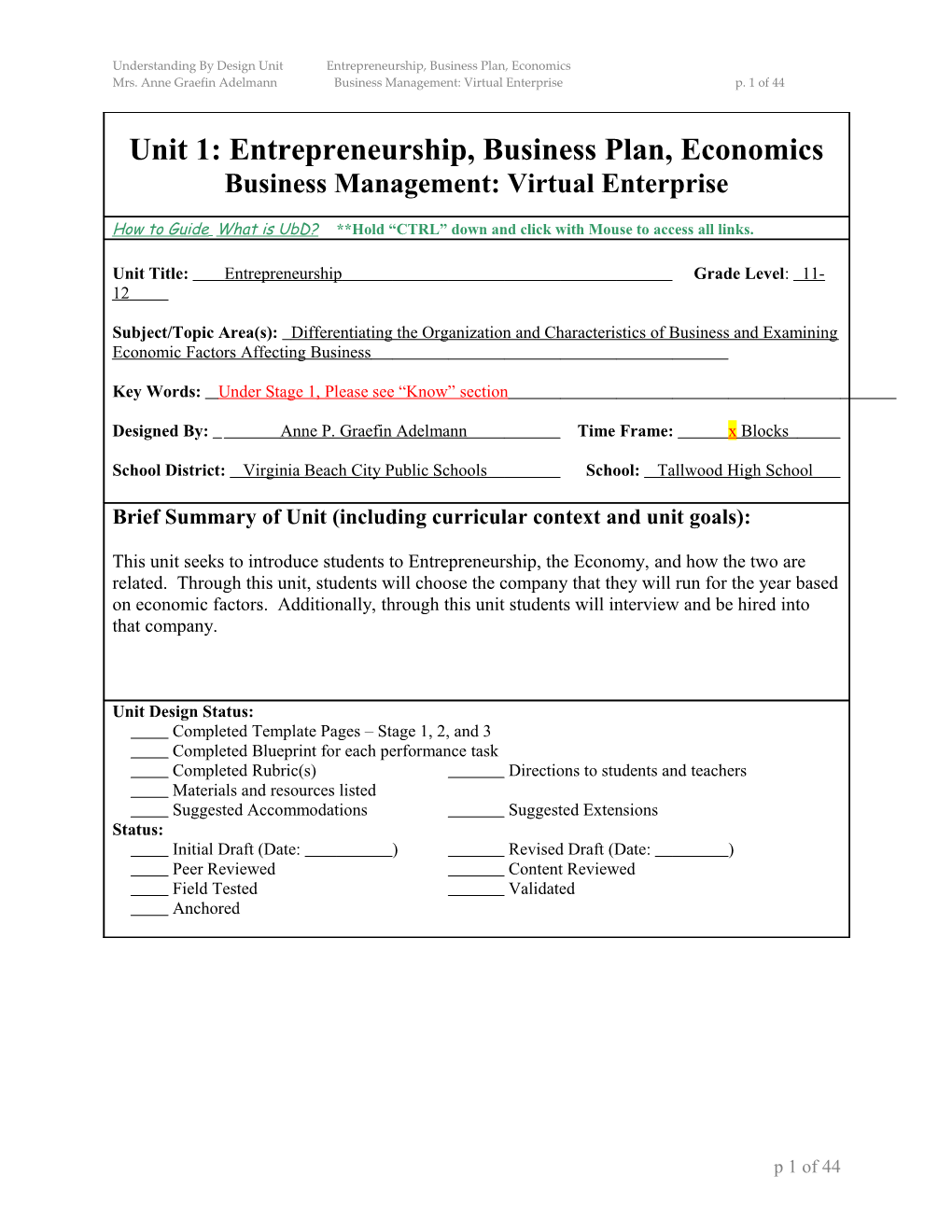 Understanding by Design Lesson Template