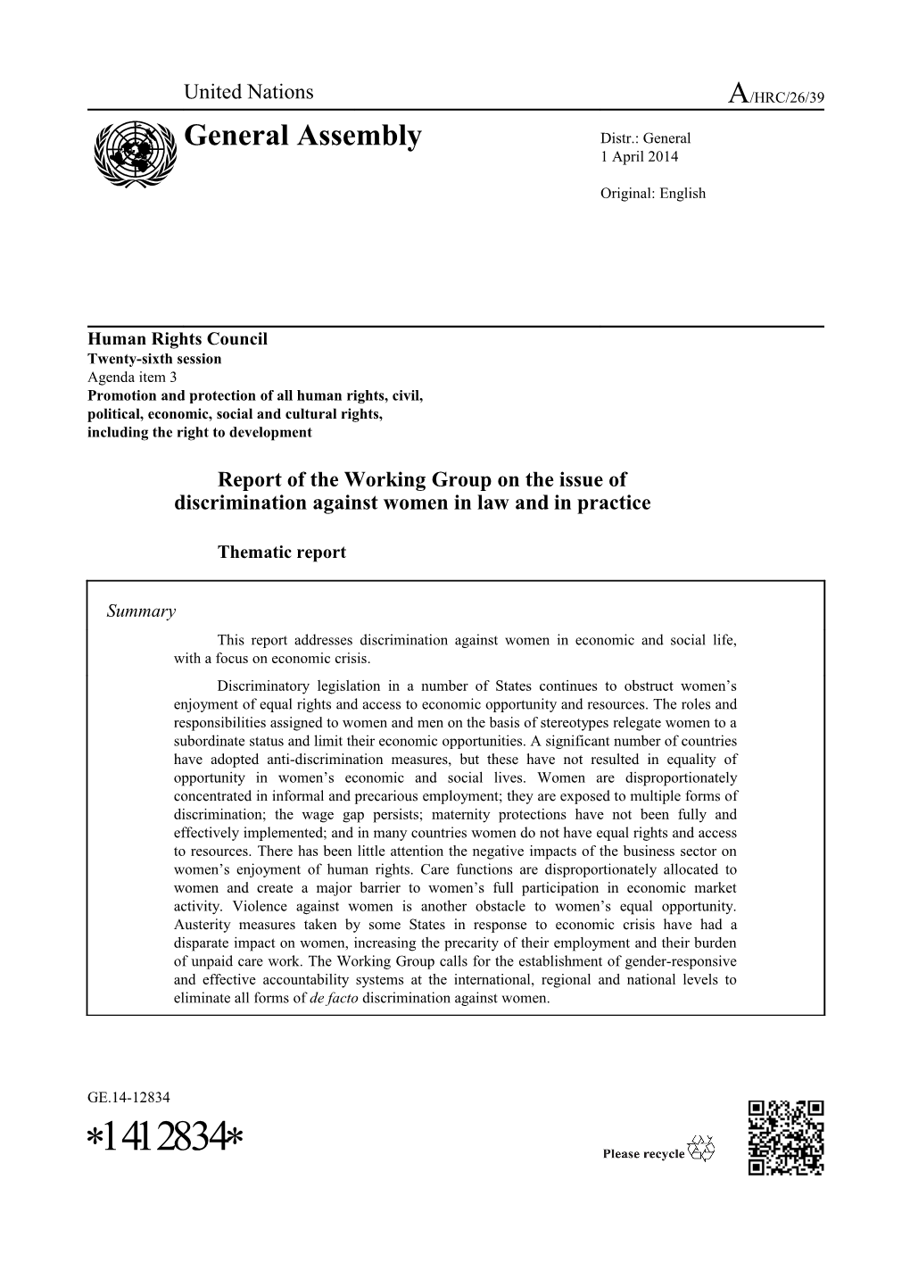 Report of the Working Group on the Issue of Discrimination Against Women in Law and In