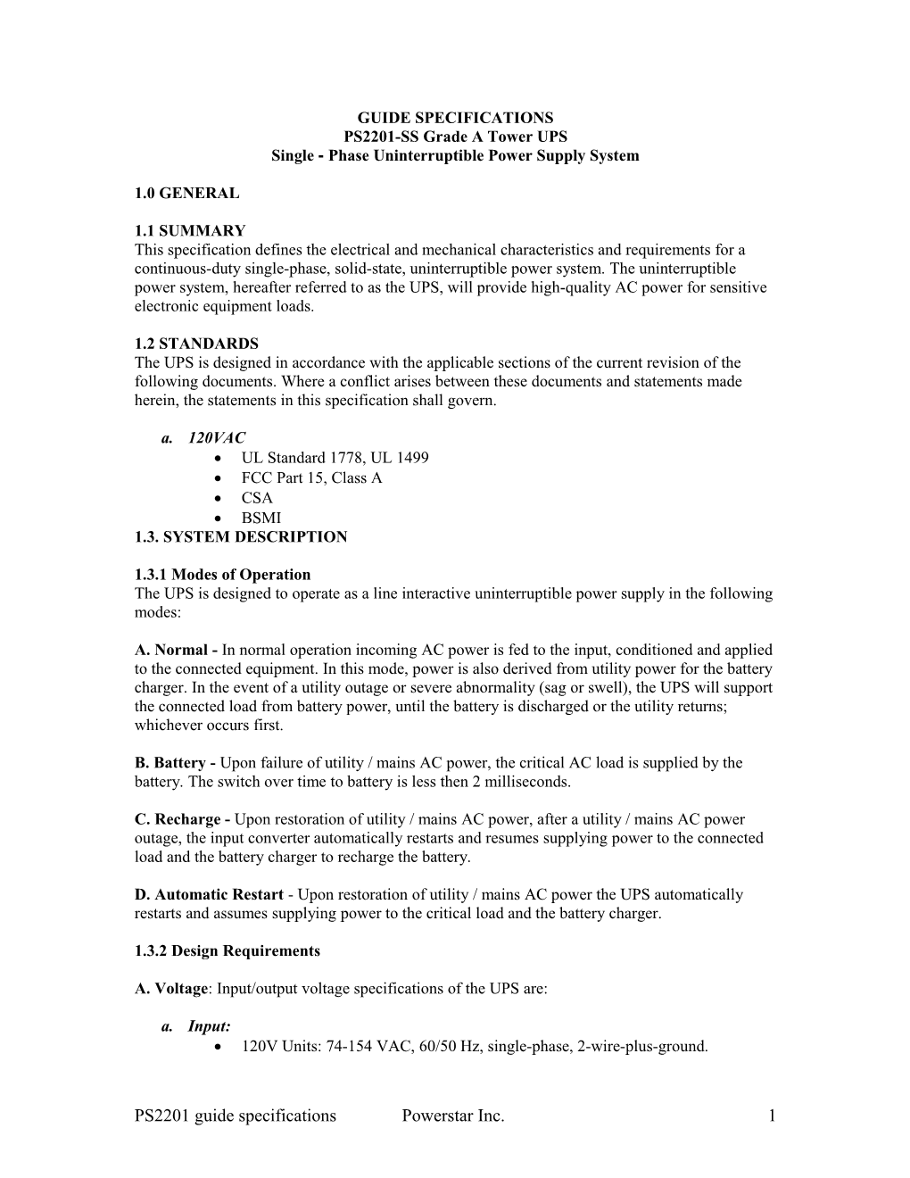 PS2201 Guide and Specifications