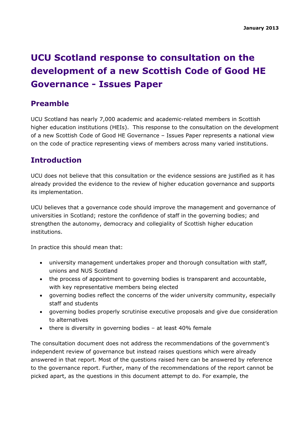 UCU Scotland Response to Consultation on the Development of a New Scottish Code of Good
